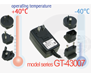 Wall plug in power supply AC Adapter operating temperature specifications upgraded to -40°C TO +40° C for applications used in extreme climates and conditions, Model series GT-43007